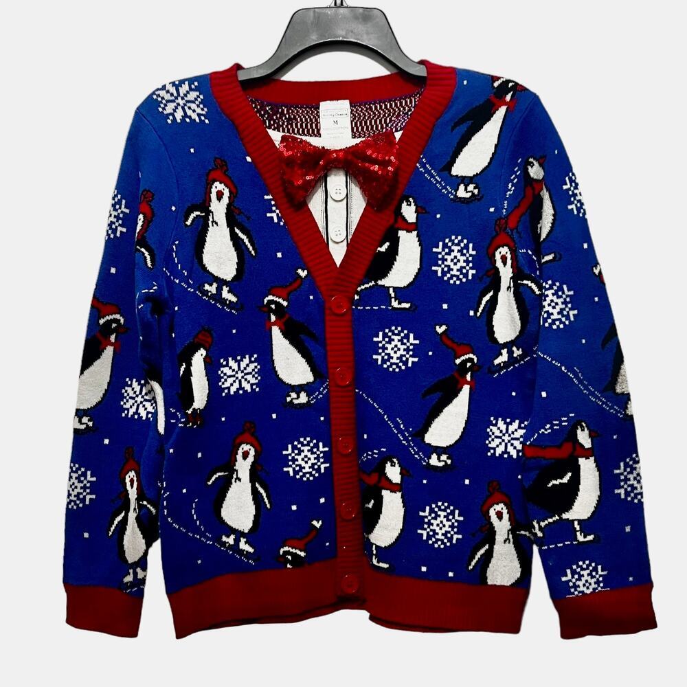 NY Laundry Holiday Classics Penguin Sequined Bow Tie Ugly Christmas Sweater